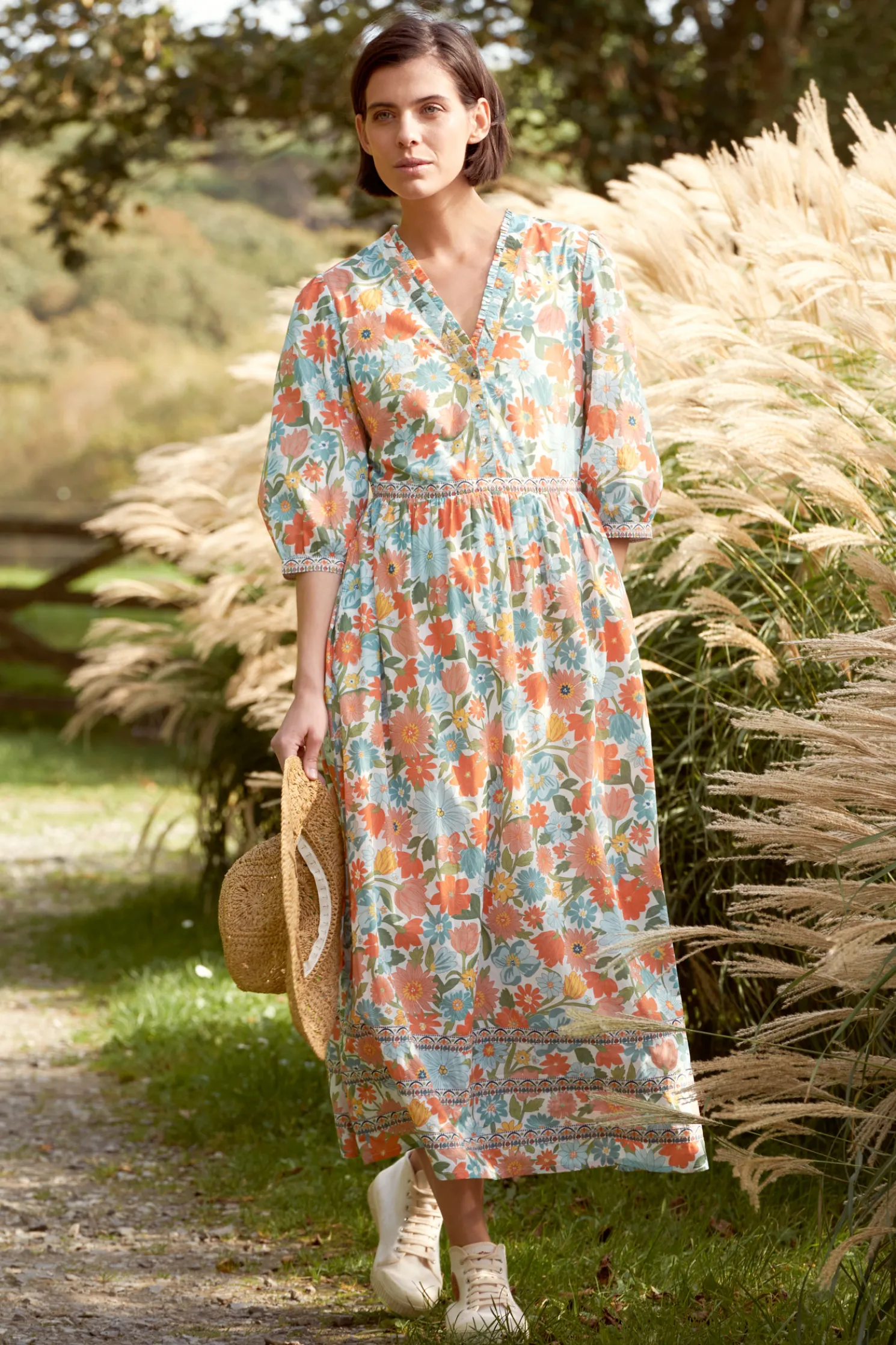 Blue Hills Border V-Neck Floral Dress
